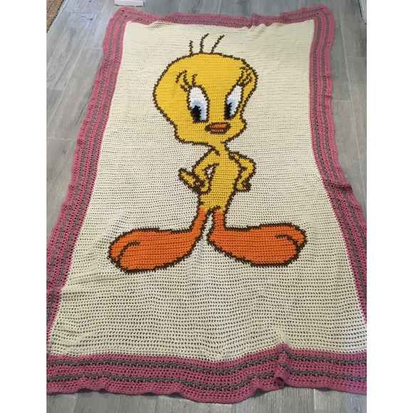 Tweety Bird Vtg Handmade Knit Crochet Baby Blanket Throw Nursery 40" X 70" - Picture 4 of 11